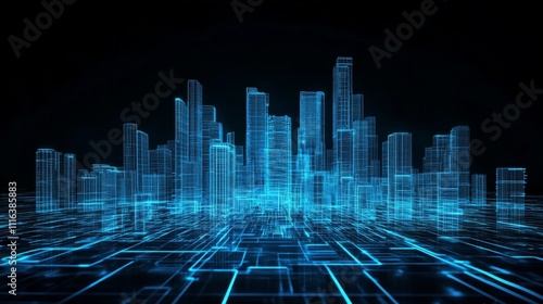 Futuristic Cityscape with Neon Lights and Digital Effects
