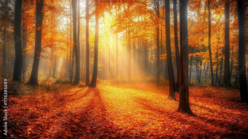 Fototapeta premium A serene autumn forest bathed in golden sunlight and fallen leaves.