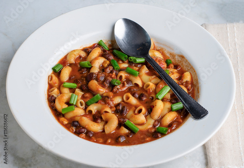 chili macaroni top with  scallions photo