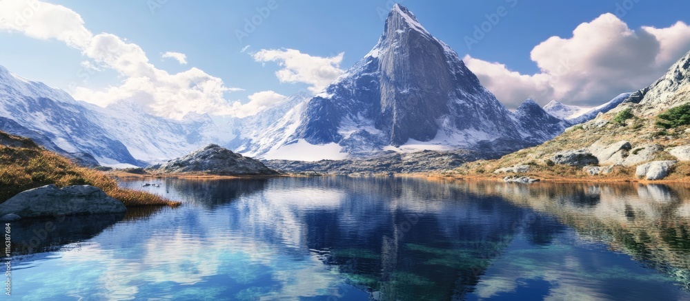 Fototapeta premium Serene mountain landscape with crystal clear lake reflecting peaks and blue sky in a tranquil natural setting