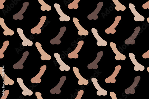 Funny seamless pattern with colorful penises on black background. For wrapping paper, fabric, posters. Vector illustration