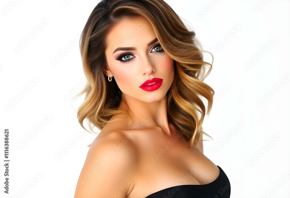 Naklejka premium Beautiful stunning busty woman with red full lips, smokey eyes make up , shining perfect wavy hairs in elegant casual black dress posing on white background.