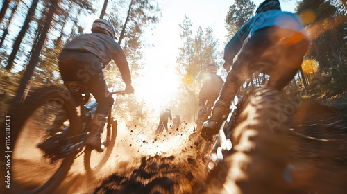 Mountain bikers racing through a sunlit forest trail