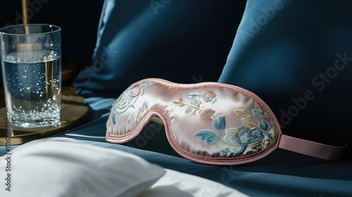 A silk eye mask with embroidered details resting on a nightstand next to a glass of water photo