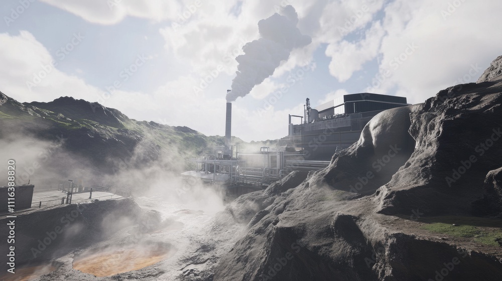 Fototapeta premium Geothermal power plant in a volcanic region surrounded by rocky terrain, hot springs, and misty steam rising from the ground, creating an atmospheric and futuristic energy production scene.