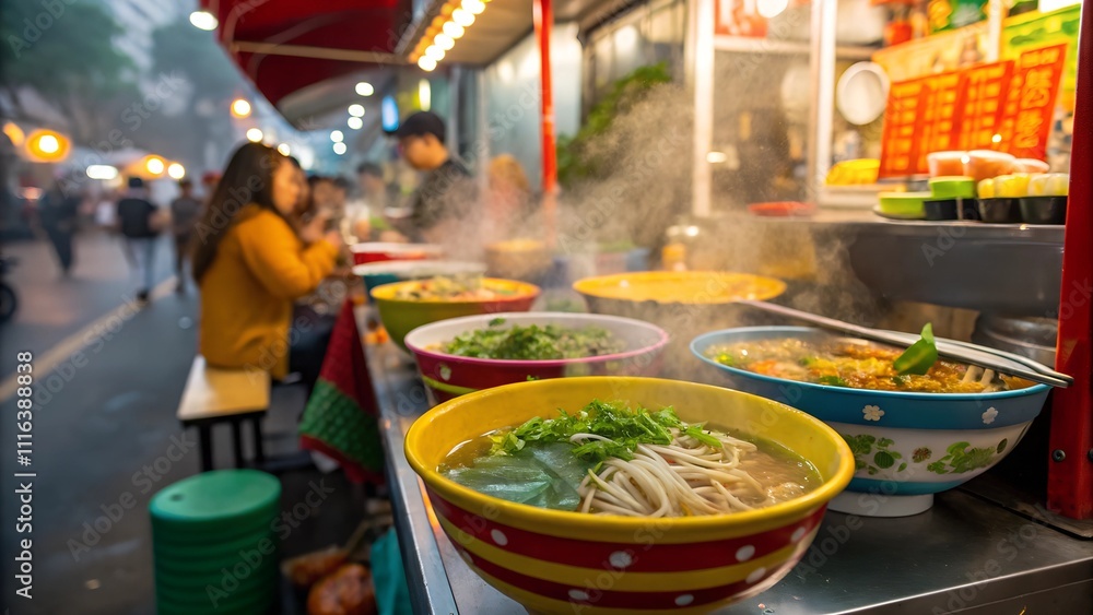Obraz premium Vibrant bowls of pho soup with fresh herbs on a bustling Vietnamese street