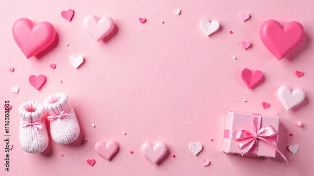 Banner with space for an inscription. Pink baby booties, hearts and a gift on a pink background. Banner with space for an inscription. Pink baby booties, hearts and a gift on a pink background.