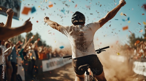Mountain biker celebrating victory at a race finish line