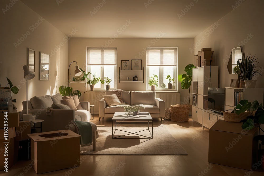 Fototapeta premium Living Room Filled with Cardboard Boxes
