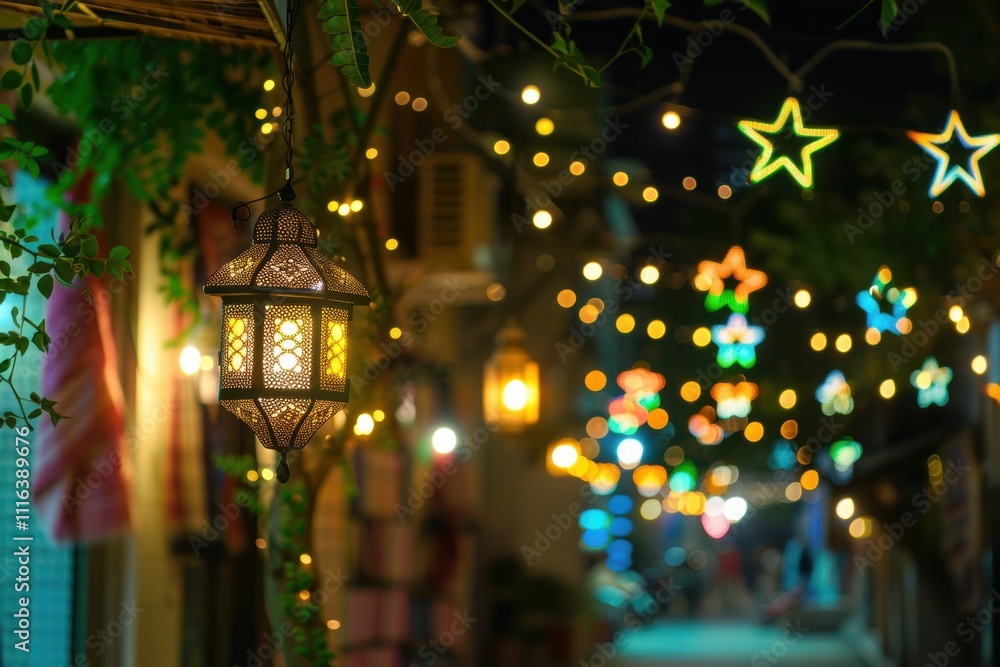 Obraz premium A vibrant night scene with decorative lanterns and star lights.