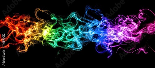 Colorful abstract smoke waves in a rainbow spectrum on a black background creating a dynamic and vibrant visual effect