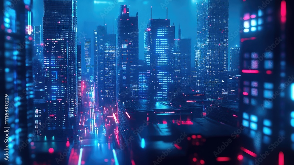 Futuristic cityscape at night with vivid neon lights and a blurred effect showcasing advanced technology and urban innovation. Futuristic cityscape at night with vivid neon lights and a blurred effect showcasing advanced technology and urban innovation.