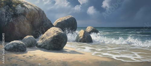 Scenic coastal view of large boulders on the shore with waves and dramatic skies in the background photo