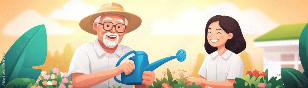 A cheerful elderly man and a young girl gardening together, watering flowers in a sunny environment, emphasizing connection and nature. A cheerful elderly man and a young girl gardening together, watering flowers in a sunny environment, emphasizing connection and nature.