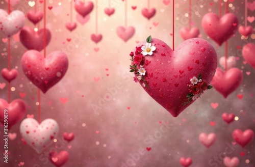 Banner. Romantic illustration of voluminous flower hearts hanging on ribbons on a pink background with rose petals.