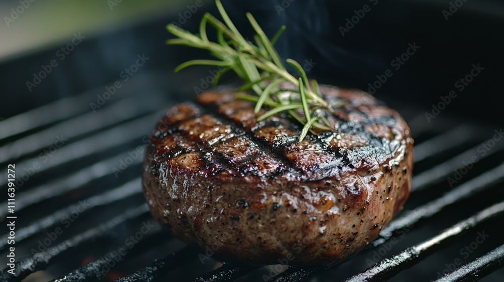 Grilled Beef Steak with Fresh Rosemary on Charcoal Grill Surface Grilled Beef Steak with Fresh Rosemary on Charcoal Grill Surface