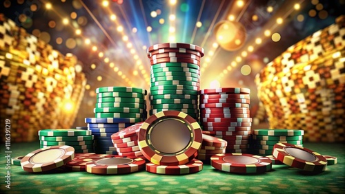 Stacked Poker Chips with Colorful Background and Bokeh Lights in a Casino Atmosphere for Gaming and Gambling Concepts