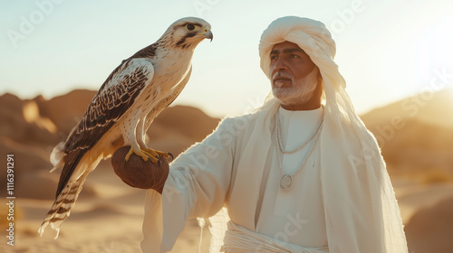 Emirati man with falcon in desert sunset