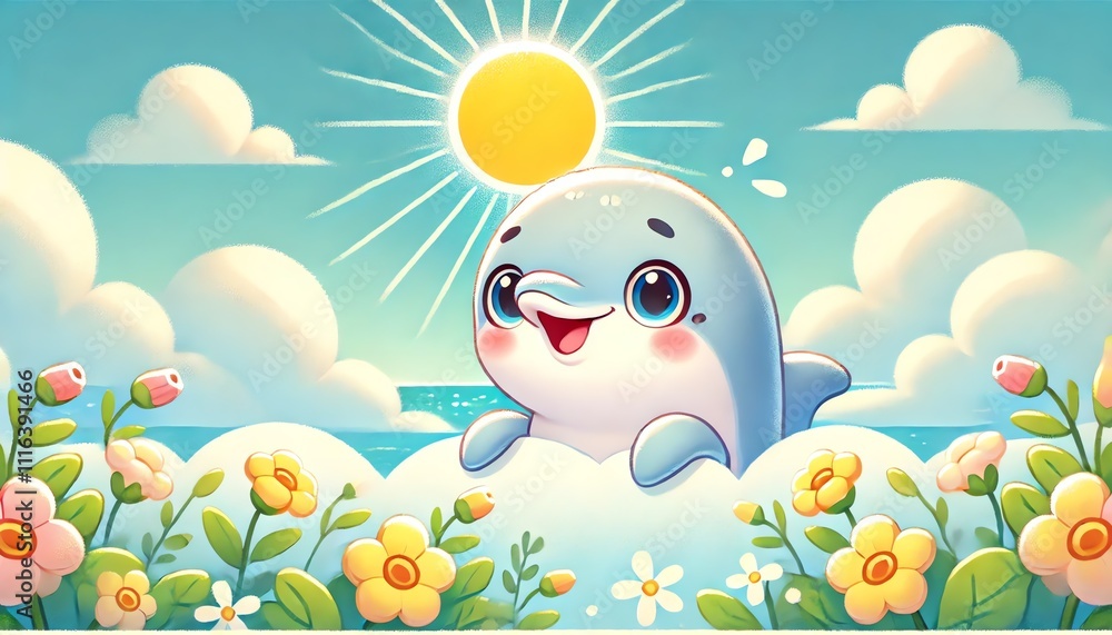 Naklejka premium An illustration featuring one cute dolphin peeking into the frame with a playful and expressive look