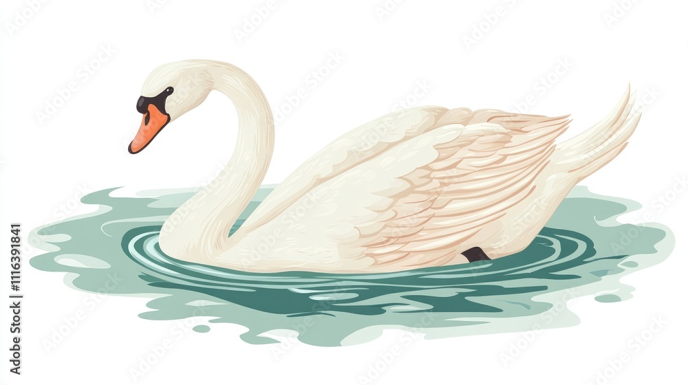 Fototapeta premium Elegant white swan gracefully gliding on serene lake waters with soft reflections tranquil natural beauty in isolation on white background