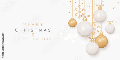 3D Christmas golden balls hang on gold ribbon with snowflakes and falling confetti decoration. New Year background with xmas beige baubles. Celebration banner or getting card. 3D Vector illustration
