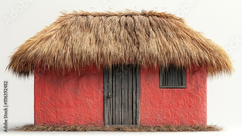 Traditional thatched roof hut with vibrant red walls set against a clean white background showcasing rustic architectural details. photo