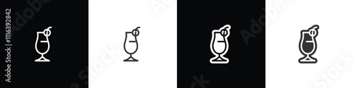 Campagne glass icons. Classic alcoholic cocktail and cocktail glass thin line and flat icon. Cocktail glass vector illustration symbols in black white and transparent background.