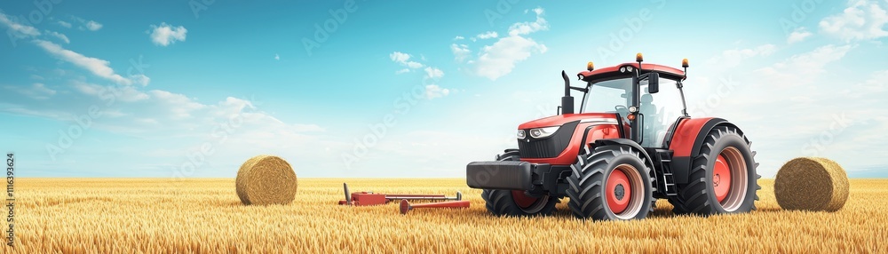 Obraz premium A red tractor working in a golden field, surrounded by hay bales under a bright blue sky, showcasing a peaceful agricultural scene.