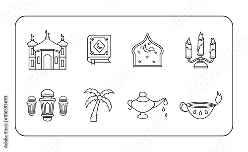 Muslim religious traditions icons set. islamic rosary things thin line contour symbol, editable stroke, isolated on white background vector