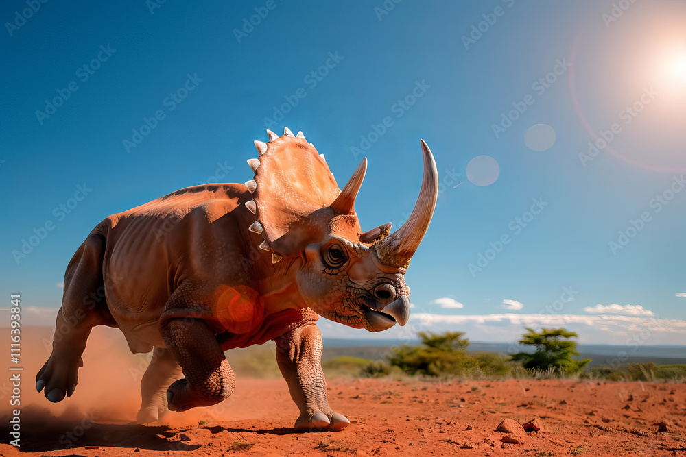 Fototapeta premium A rhino is running through a desert with a bright sun in the background