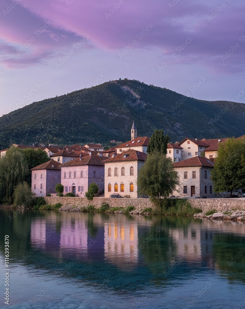 Fototapeta premium Riverside Town with Forested Mountains Under Vibrant Evening Sky