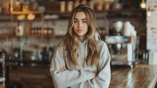 Wallpaper Mural A woman in a casual hoodie and jeans posing comfortably against a cozy cafe' interior background Torontodigital.ca