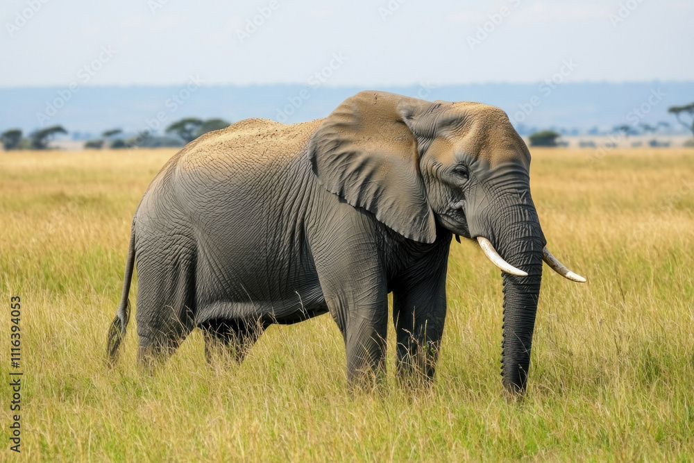 Obraz premium Large elephant with tusks in golden savanna grass.