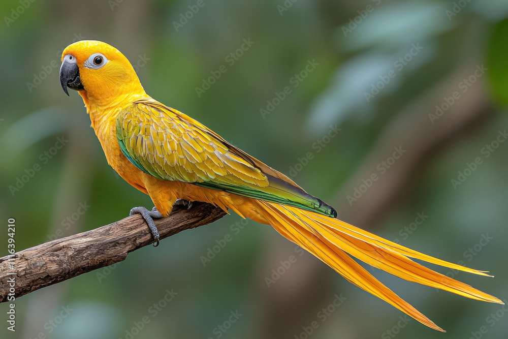 Obraz premium Golden parakeet perched on a branch.