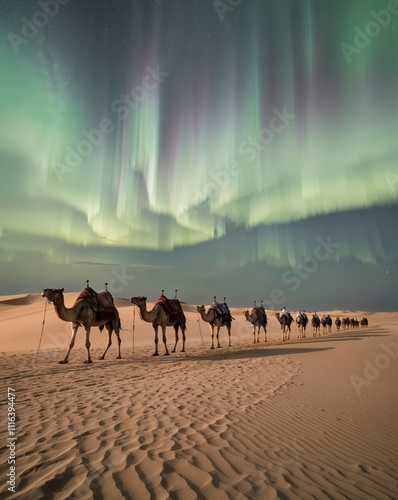 Camels Walking Under Aurora Lights in a Desert Landscape