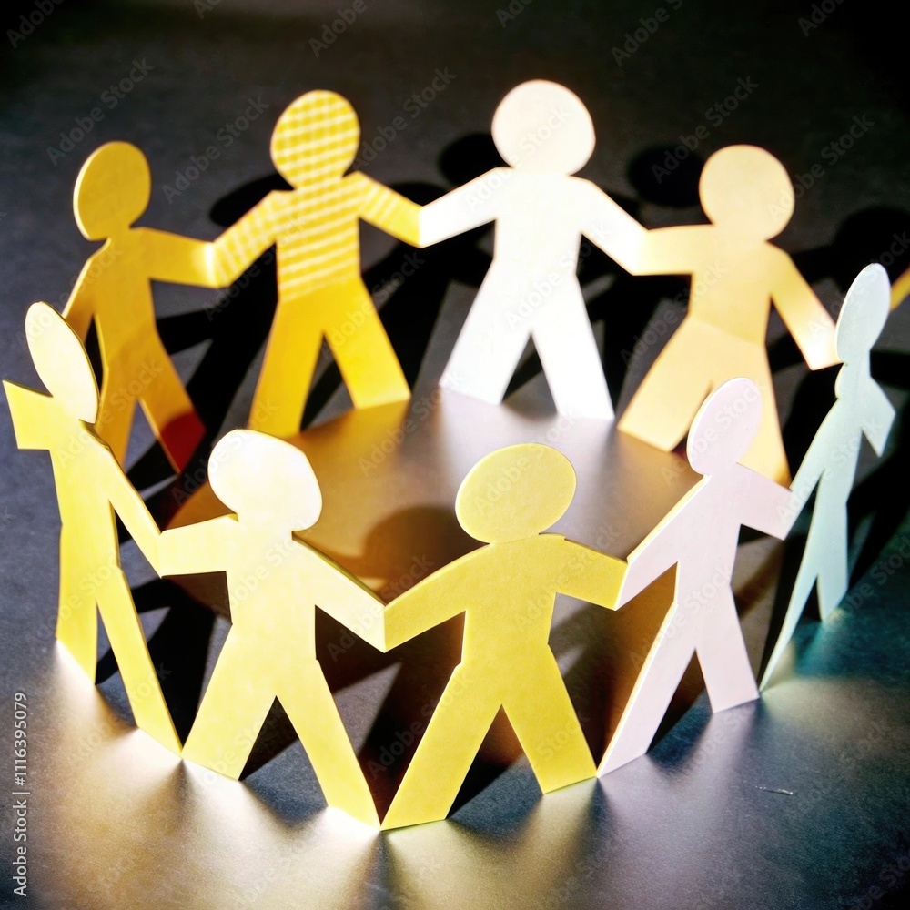 Colorful Paper Cutouts of People Holding Hands in a Circle Arrangement on a Dark Background, Representing Unity, Diversity, and Togetherness in a Creative Way Colorful Paper Cutouts of People Holding Hands in a Circle Arrangement on a Dark Background, Representing Unity, Diversity, and Togetherness in a Creative Way