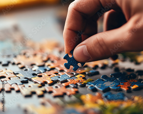 A person is putting a puzzle piece into a puzzle