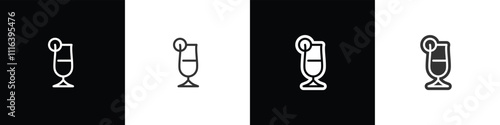 Collins glass icons. Classic alcoholic cocktail and cocktail glass thin line and flat icon. Cocktail glass vector illustration symbols in black white and transparent background.