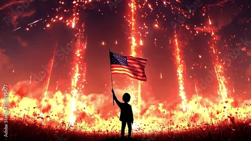 A patriotic scene of a child waving an American flag with a fiery background, symbolizing freedom, strength, and courage. photo