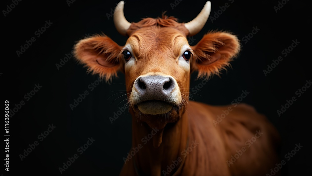 A brown cow with horns looking at the camera A brown cow with horns looking at the camera