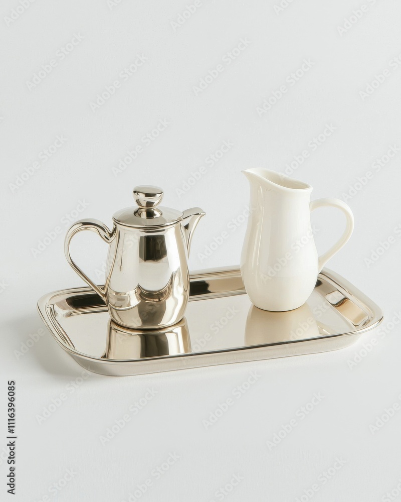 Fototapeta premium Elegant silver teapot and creamer set on tray minimalist style home decor studio setting still life