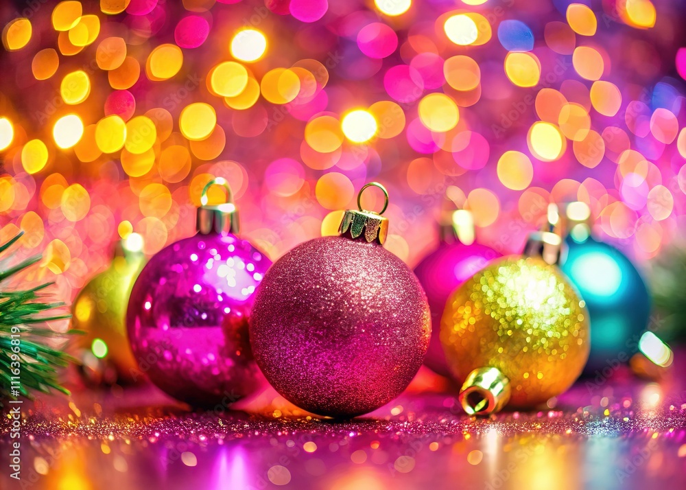 New Year Baubles Garland Glitter Pink Bokeh Closeup New Year Baubles Garland Glitter Pink Bokeh Closeup