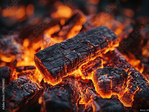 Burning embers of charred wood glowing with intense orange and red heat at night photo