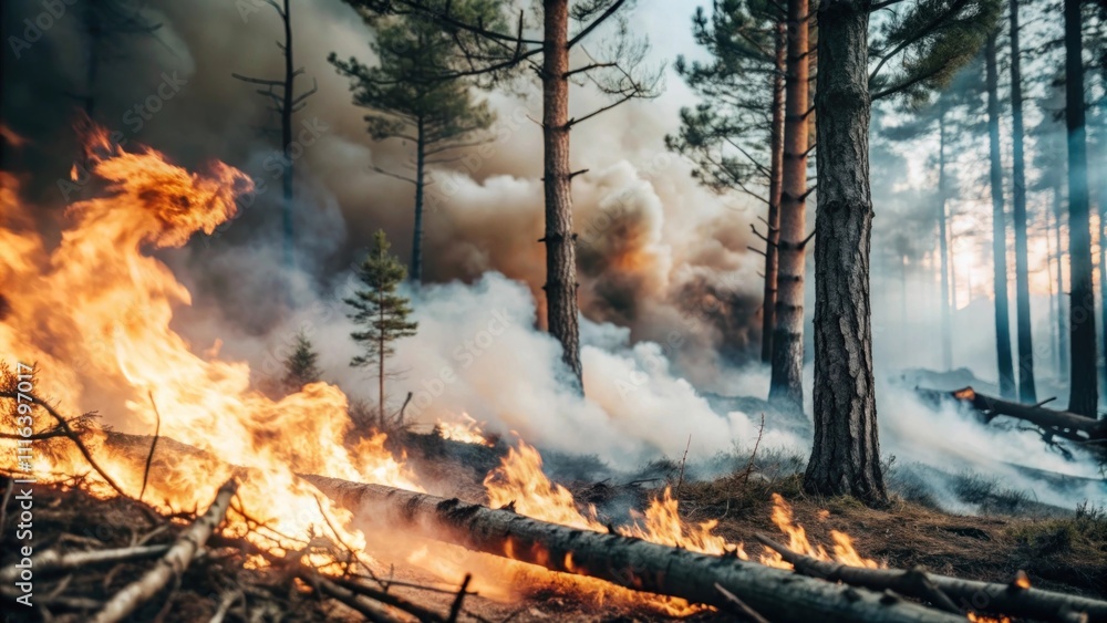 Fototapeta premium Intense Wildfire Erupting in Forest With Thick Smoke and Bright Flames Consuming Trees, Creating a Dramatic Scene of Destruction and Natural Disaster