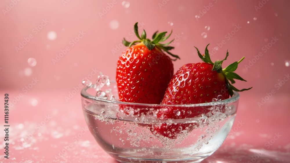 Two strawberries in a glass bowl with water splashing on them Two strawberries in a glass bowl with water splashing on them
