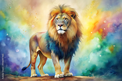 watercolor lion artistic full body portrait vibrant color illustration art with splash background photo