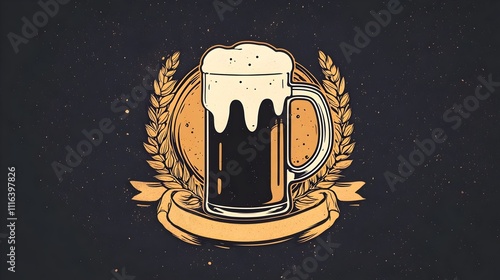 Logo,symbol for Beer  with laurel wreath. Beer in a glass and ears of wheat, refreshing drink. International Beer DayPoster, banner for bar, pub. Craft beer logo- vector illustration. photo