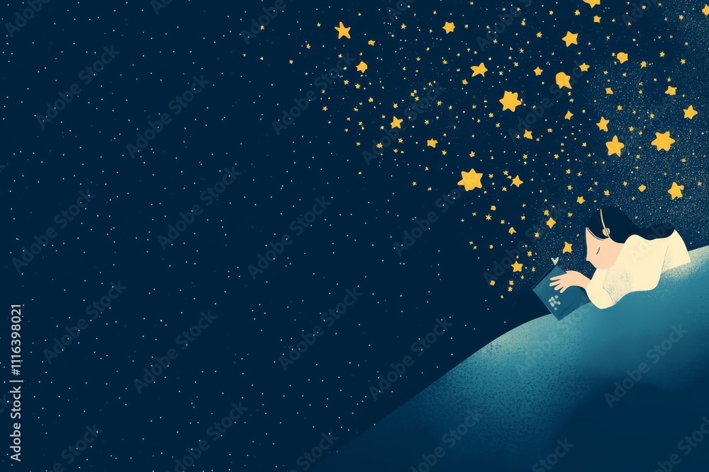 Fototapeta premium A person enjoys reading before falling asleep under stars. Concept of sleep hygiene. Template for background, banner, card, poster
