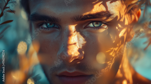 Close-up portrait of a man with piercing blue eyes, surrounded by natural light and shadows from leaves, emphasizing facial details and emotions.