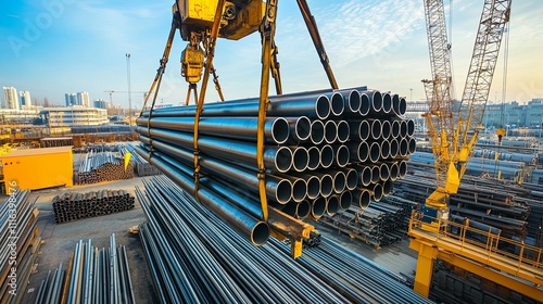 Crane Lifting Steel Pipes At Industrial Port